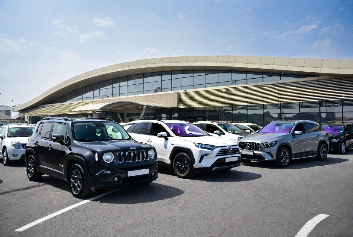 Rental cars parked in front of Tbilisi International Airport terminal in Georgia