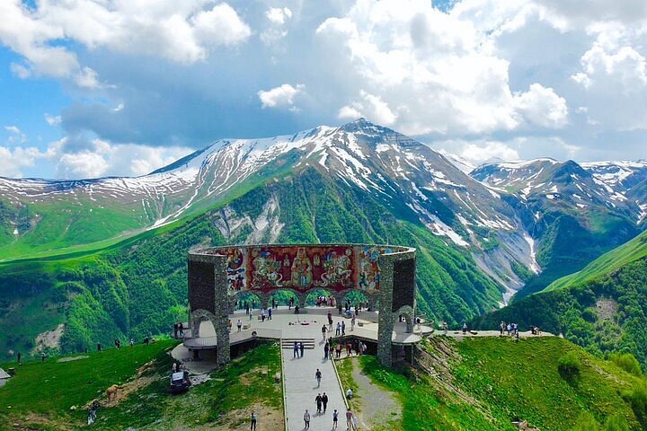 Gudauri Viewpoint in Georgia with panoramic Caucasus Mountains view along the Tbilisi Kazbegi road
