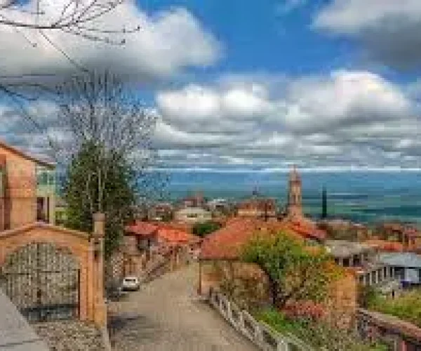 Sighnaghi old town in Kakheti Georgia with panoramic Alazani Valley view