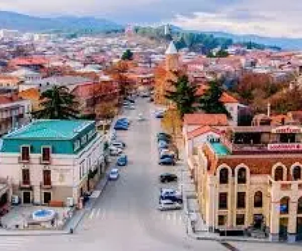 Telavi city view in Kakheti Georgia with mountains and traditional architecture